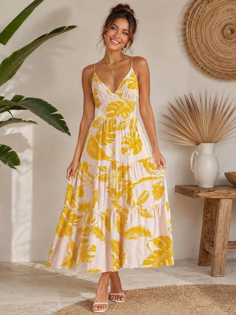 NWT Wild Fable Yellow Peach Tropical Leaf Print Midi Dress L Summer Boho Beach